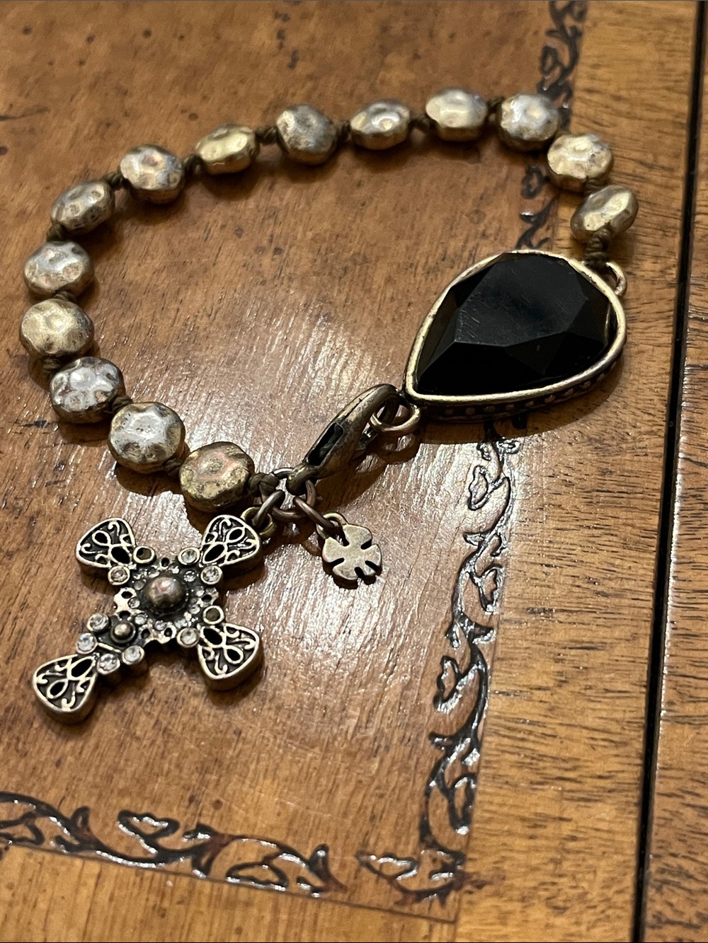 Vintage Lucky Brand Gothic Cross Charm Toggle Bracelet Black Crystal Boho